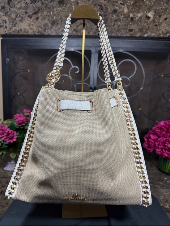 Michael Kors Handbags - Michael Kors Beige Canvas Shoulder Tote with White Trim and Gold Chain Handles
